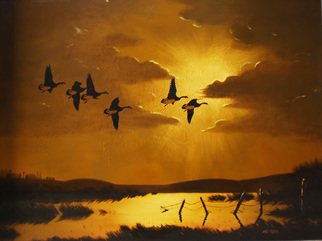 Mike Ross; Time To Take A Break, 2012, Original Painting Oil, 48 x 36 inches. Artwork description: 241  A flock of canada geese coming into a wetland to over night before continuing on their migration. Oil on canvas.Key Words:Birds, geese, Canada geese, browns, yellows, sunsets, sunrises, animals, waterfowl, wildfowl, water birds, marsh, wetlands, sloughs, swamps, bayou, rushes, cattails, bull rushes, oil paintings, oils, ...