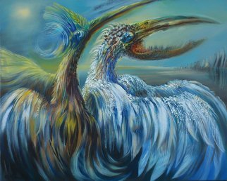 Rafal Mruszczak; Birds, 2017, Original Painting Oil, 80 x 60 cm. Artwork description: 241 Keywords: beaks, birds, blue, wings, fable, fantastical, feathers, awkward, monstrous ...