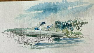 Michael Garr; Middlebridge, 2023, Original Mixed Media, 12 x 9 inches. Artwork description: 241 Watercolor and india ink sketch of a bridge on the narrow river in south kingstown narragansett ri...