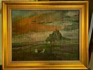 Michael Garr, 'Storm Brewing Mt St Michel', 2023, original Painting Oil, 24 x 18  x 0.5 inches. Artwork description: 1911 Spectacular evening view of Mt St Michel with the sun illuminating a giant anvil cloud in the distance as the light was fading From a photo taken during a trip in September 2021...