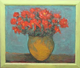 Nadia Gyulcheva; Orange Flowers In Yellow Vase, 2018, Original Painting Oil, 60 x 50 cm. Artwork description: 241 The red flowers on my grannys table I always remeber when thinking about her...