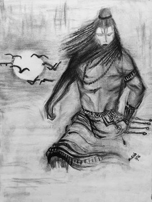 Neetasha Joshi; Rudra Shiva, 2016, Original Drawing Charcoal, 21 x 29.7 cm. Artwork description: 241  Rudra ( / E^rESdrEtm/ ; Sanskrit: a$?degaY=a$?|aY=a$?deg) is a Rigvedic deity, associated with wind or storm, and the hunt. The name has been translated as 