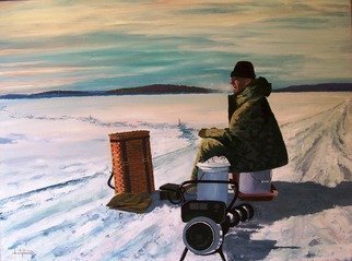 William Christopherson; 20th Century Ice Fisherman, 2007, Original Painting Oil, 44 x 34 inches. Artwork description: 241 I completed this painting as a record of the days when the northern rivers were frozen solid in winter, and temperatures regularly fell 20 degrees below zero throughout winter in the Thousand Islands.  The experience of ice fishing, in the remote still solitude.  This is a large ...