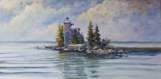 William Christopherson; Sisters Island Lighthouse, 2018, Original Painting Oil, 26 x 14 inches. Artwork description: 241 Original oil artwork on stretched canvas from the St.  Lawrence River, 4 miles north of Alexandria Bay, in the Thousand Islands.  Historic lighthouse on the US- Canadian international boundary.  Completed in broad- brush oil stroke technique.  Professionally framed in beechwood, wall ready. ...