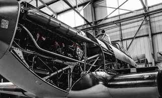 Des Byrne; Spitfire, 2015, Original Photography Color, 26 x 21 cm. Artwork description: 241  Spitfire being serviced, airplane, aeroplane world war 2 ww2 wwII classic vintage ...
