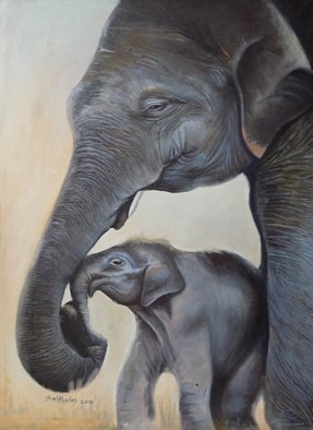 Smith Olaoluwa; Elephant And Calf, 2019, Original Painting Oil, 30.1 x 40.1 inches. Artwork description: 241 Title Elephant And CalfArtist Olaoluwa SmithMedium Painting - Oil On Canvass...