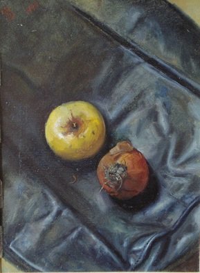 Parnaos Surabischwili; Apple And Onion, 1990, Original Painting Oil, 12 x 15 inches. Artwork description: 241   Oil painting on board  ...