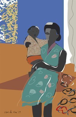 Van De  Ven; Woman And Child, 2019, Original Digital Painting, 40 x 60 cm. Artwork description: 241 Vector painting.  Edition 25.  Resolution 300 dpi.  Printed on Turner fine art paper with an extra 5 cm margin around the image.  Rolled in a tube.  Hand signed and numbered, barcode, certificate.  Max. 120x180 cm.  Optionally as metal print.  Vector, digital, woman, child, blue, orange...