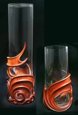 Pavel Sorokin; Pair Of Interior Vases Am..., 2011, Original Woodworking, 18 x 63 cm. Artwork description: 241 wood, wooden, exotic, carving, art- nouveau, modern, fantasy, dragons, wings, carved, tropical, interior, decoration, vase, flowers, decorative, home, hand- work, single item, hand- made, gift, premium, brown, yellow, glass, cristall, authors collection, furnishings...