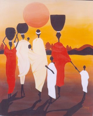 Peter Odeh; GOING HOME, 2008, Original Painting Acrylic, 41.5 x 51.5 inches. Artwork description: 241  This painting[ going home] , depicts the commercial activities of the African family, as they go to the market to trade, and asthey return home after the day's sales.      ...