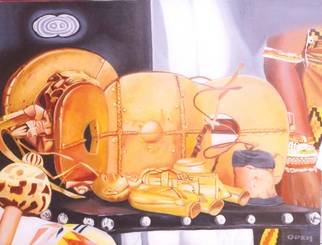 Peter Odeh; THE GOLDEN STOOL, 2010, Original Painting Acrylic, 43 x 33 inches. Artwork description: 241  The golden stool is the throne and royal sit of the Ancient Ashanti empire in Ghana. The stool  is believed to have been conjured from the sky by an Ancient Ashanti king. The golden stool is brought out only during the Akwasidae festival for purification, the much ...