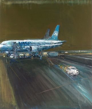 Pierluigi Romani; Cargo In Airport I, 1995, Original Mixed Media, 70 x 55 cm. Artwork description: 241  Landscape - airport - airplane - ...