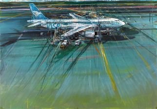Pierluigi Romani; Cargo In Airport II, 1996, Original Mixed Media, 100 x 70 cm. Artwork description: 241       Mixed Media on canvas                         ...