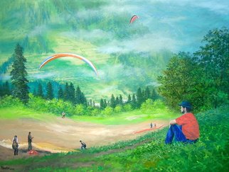 Priyadarshi Gautam; INGA IN SOLANG VALLEY , 2013, Original Painting Oil, 48 x 36 inches. Artwork description: 241  nature, mountains, trees , para- glider, clouds , landscapes ...