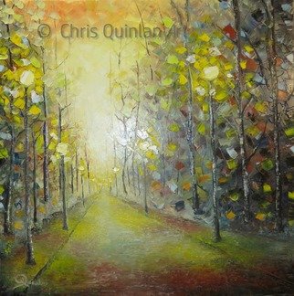 Chris Quinlan; Emerald Dream, 2017, Original Painting Oil, 24 x 24 inches. Artwork description: 241 An Impression of a tree lined avenue with street lights, this painting was created from fragments of memories, with no particular place in mind.The street lights reveal the moss on this almost forgotten road. I feel although lit by lamps it will never be travelled on ...