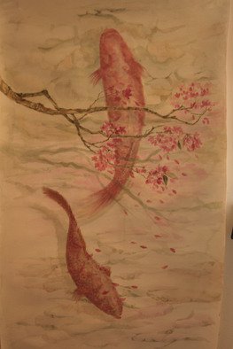 Racheal Yang; Fish And Sakura, 2008, Original Watercolor, 33 x 57 inches. 