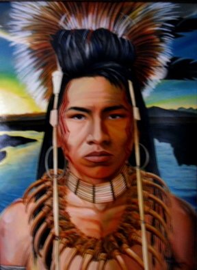 Ralph Megginson; Ojibwe Warrior, 2015, Original Painting Oil, 36 x 48 inches. Artwork description: 241 Ojibwe warrior with bearclaw necklace on...