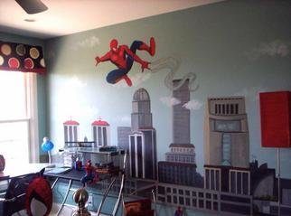 Rebecca L. Baldwin; Spidy Over Louisville Ky, 2005, Original Painting Acrylic, 15 x 8 feet. Artwork description: 241 Large Mural painted on wall for Homerama Home Show 2005 in Louisville, Ky. Spiderman shooting his web over the city of Louisville ! ...