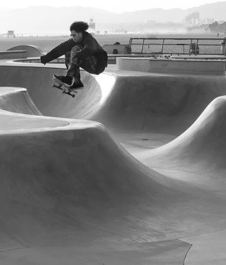Dick Drechsler; Airborne, 2018, Original Photography Black and White, 11 x 14 inches. Artwork description: 241 Taken at the skateboard park in Venice, CA I caught this skater at the apex of his run. ...