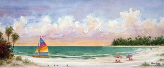Robert Reiber; Spanish Point, 2013, Original Printmaking Lithography, 27.5 x 11.5 inches. Artwork description: 241    florida lagoon  sailboat on secluded beach ...
