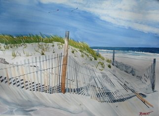 Heather Rippert; Summer Wind, 2008, Original Watercolor, 30 x 22 inches. Artwork description: 241  A kite blows in the warm summer wind, flowing in the bright summer sky behind the fallen dune fence ...