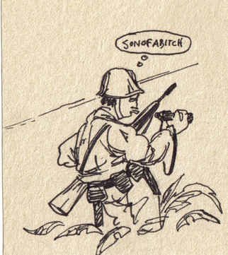 Robert Bledsaw; A Near Miss, 1979, Original Drawing Pen, 3 x 5 inches. Artwork description: 241 A Korean War Soldier, possibly a Forward Observer nearly gets killed. ...