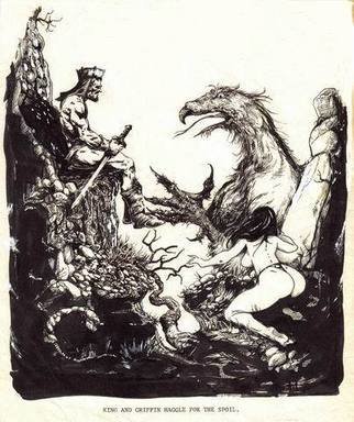 Robert Bledsaw; The King And The Griffin ..., 1986, Original Drawing Pen, 8 x 10 inches. Artwork description: 241 An attempt at the Frank Frazetta style. A weary King listens as a Griffin states his position, while a vixen awaits the outcome.Portions of the drawing was damaged and later repaired....