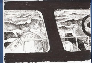 Roberto Trigas; Room With A View, 2016, Original Drawing Ink, 28 x 21 cm. Artwork description: 241   This is part of  a series of paintings and drawing, many of them executed while at sea in the Falkland Islands. They are mementos of my 17 yewars of life as a Navy Officer  ...
