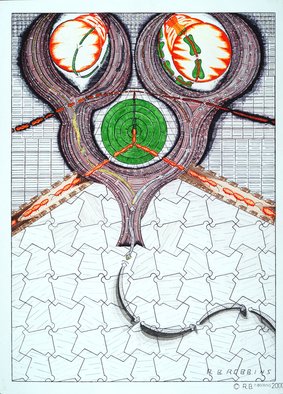Robert Robbins; Tessellation And Surrealism 1, 2005, Original Illustration, 22 x 30 inches. Artwork description: 241  This Original is about tessellation and surrealism. As you can see there a double metamorphosis, a snail turning into a serpent, a stick turning into a worm, on the other side the ball and baseball bat comes down. the serpent forms when the worm collides. the baseball ...