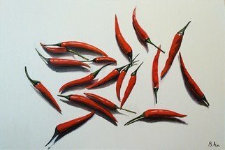 Vadim Amelichev; 18 Red Peppers On White Paper, 2017, Original Painting Oil, 90 x 60 cm. 