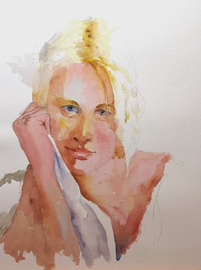 Roderick Brown; Deep In Thought, 2014, Original Watercolor, 31 x 41 cm. Artwork description: 241  a wonderful pensive expression on the model's face ...