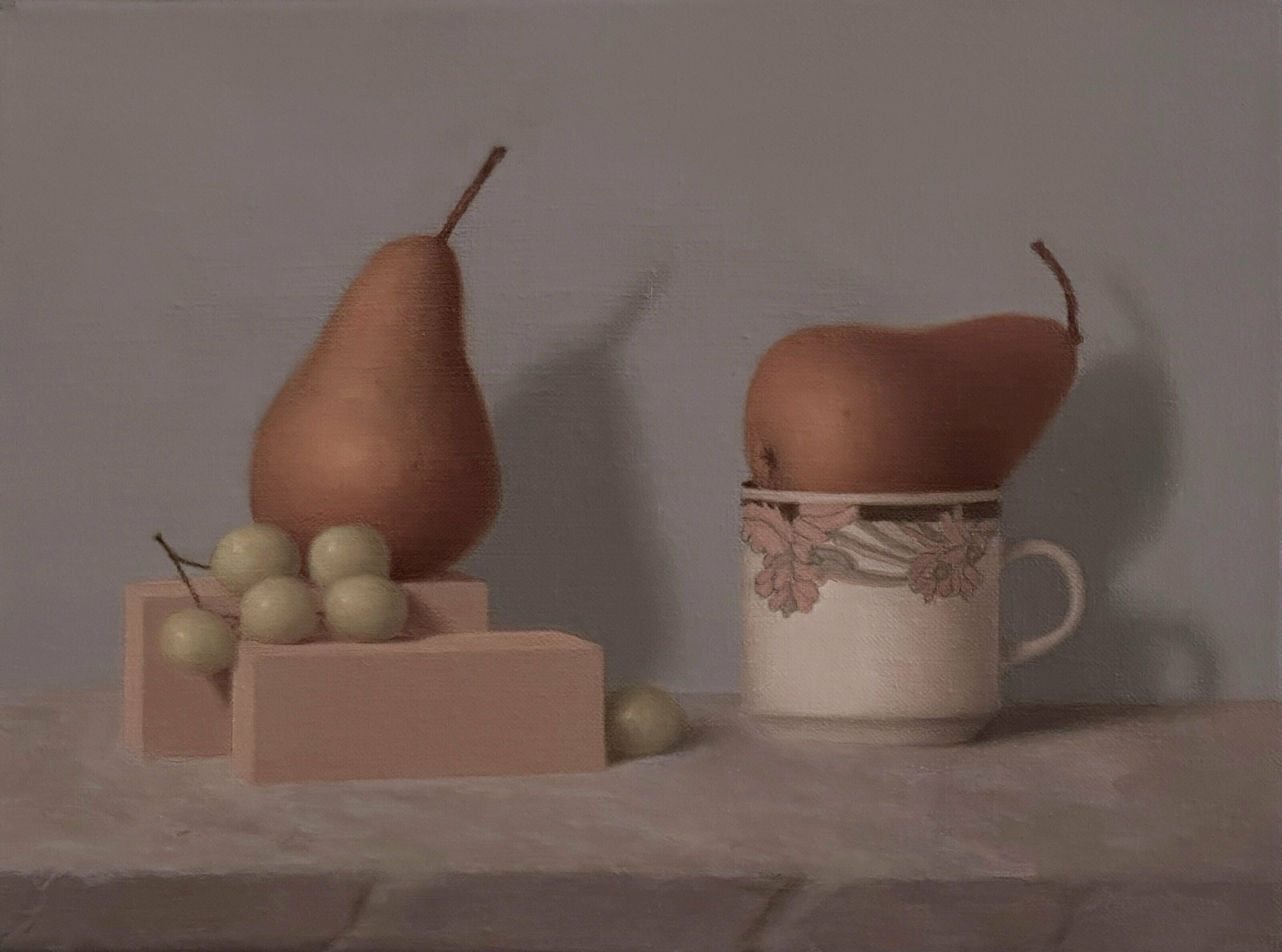 Ronald Weisberg, 'Pear 2', 2017, original Painting Oil, 12 x 9  inches. Artwork description: 1911 grapes, pear, tea cup, soft colors, blocks, marble...