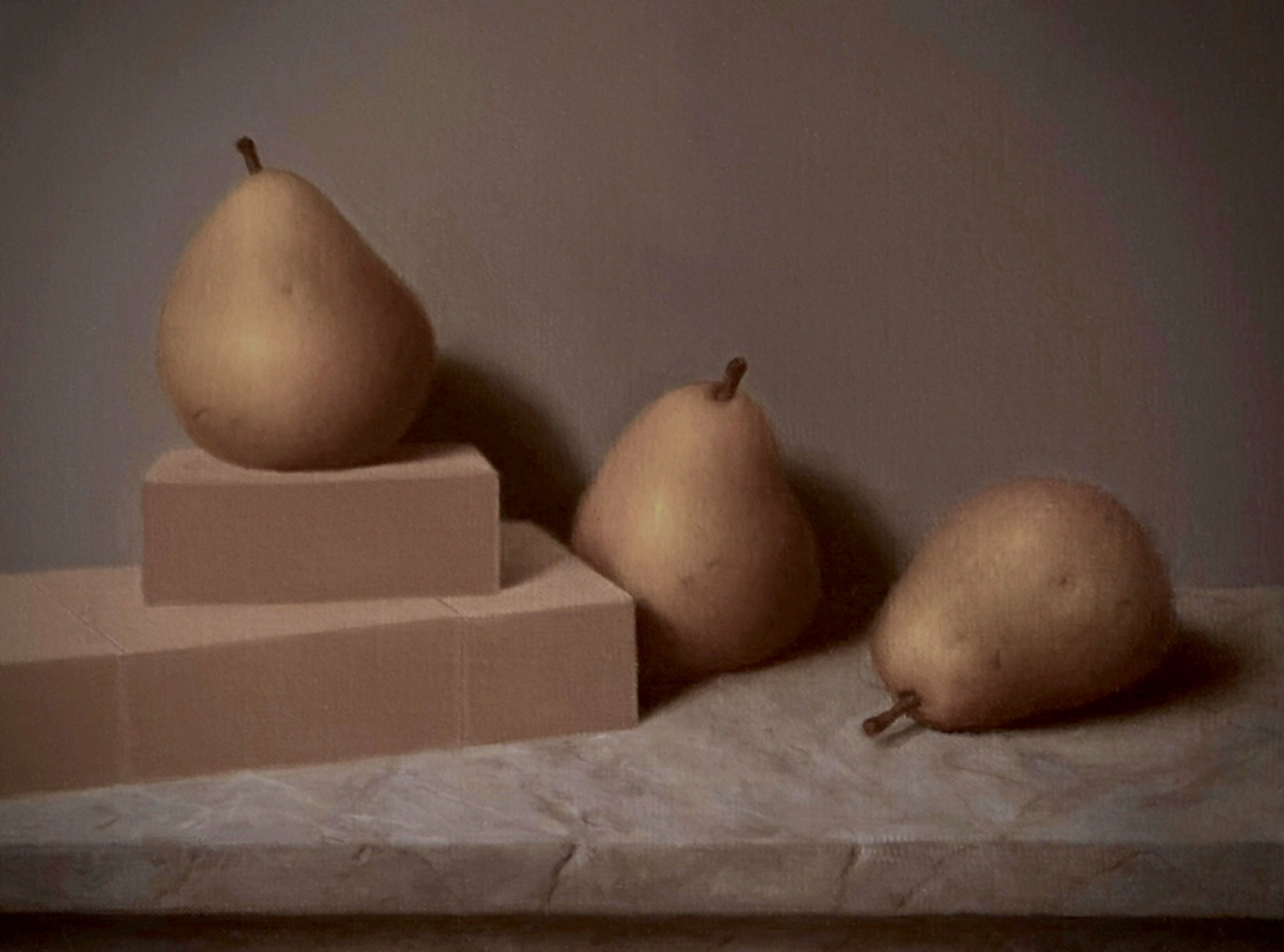 Ronald Weisberg; Pear 3, 2017, Original Painting Oil, 12 x 9 inches. Artwork description: 241 pears, marble table, wooden blocks ...