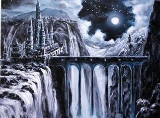 Elena Zorina; Full Moon, 2015, Original Painting Oil, 80 x 60 cm. Artwork description: 241   Full moon, night, night landscape, mountain landscape, waterfalls, mountains, castle, bvshni, moon, zvezly, bridge, ...