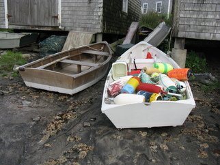 Ruth Zachary; Fishermans Jumble, 2012, Original Photography Color, 10 x 8 inches. Artwork description: 241 An almost black and white image popped with colorful lobstermen' s buoys.  Traditional skiffs, row boats on Fish Beach, Monhegan Island, Maine. Larger sizes available ( 11 x 14, $98) ....