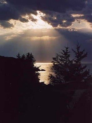 Ruth Zachary; Night Shine, 2012, Original Photography Color, 8 x 10 inches. Artwork description: 241 A rare sunset sky, rays bursting amid clouds of gray, over silver sea, trees in silhouette. ...