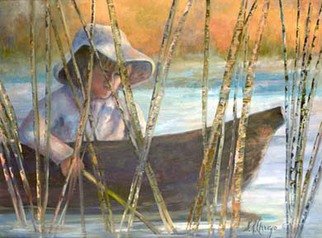 Sally Arroyo; TROLLING, 2015, Original Painting Oil, 24 x 18 inches. Artwork description: 241  BOY IN BOAT, TROLLING IN TALL REEDS CONCENTRATING ON HIS CATCH. Size 24x18   Oil on canvas  Signed by artist COLORS  BACKGROUND SUNSET COLORS, BLUES, SOFT WHITES and GREENS ...