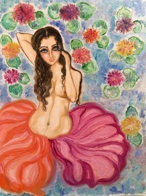 Sangeetha Bansal, Serenity, 2014, Original Painting Oil, size_width{Beautiful_woman_in_a_pond_with_flowers-1391965416.jpg} X 12 inches