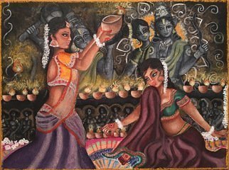 Sangeetha Bansal, 'Celebrating Diwali', 2016, original Mixed Media, 16 x 12  x 2 inches. Artwork description: 1911  Original watercolor and charcoal painting of women celebrating the Hindu festival of Diwali. They are lighting lamps and making rangoli designs on the floor with colored powder. The gods they are worshipping are seen in the background, blessing them. There are carvings of dancing girls on the ...