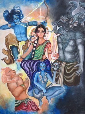 Sangeetha Bansal, 'Celebrating The Goddess', 2016, original Painting Oil, 24 x 18  x 2 inches. Artwork description: 1911  Original oil painting celebrating the Hindu festival of Navratri. These nine days of festivities celebrate the various forms of the goddesses. This art is my interpretation of the goddess. Shes at the center of the art as Sita in a scene from the Ramayana. Shes seen as ...