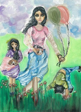 Sangeetha Bansal, 'Family Outing', 2013, original Painting Oil, 16 x 12  x 1 inches. Artwork description: 3099 Oil painting of a mother and her two children on a picnic. The mother is wearing a dress and is holding balloons in one hand and two guinea pigs in the other hand. The daughter is holding a dog wrapped in a blanket. The son is doing ...