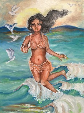 Sangeetha Bansal, 'Good Bye Summer', 2016, original Painting Oil, 12 x 16  x 1 inches. Artwork description: 1911  Original oil painting of a woman jumping in the waves. It is her one last frolic in the sun and sand. Its a last time time enjoying the water for the year. ...