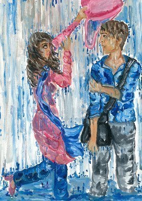 Sangeetha Bansal, 'Love In Rain', 2015, original Painting Oil, 12 x 16  x 1 inches. Artwork description: 2703  Original oil painting of a couple romancing in the rain. The girl is trying to protect the guy from getting wet by placing her bag over his head. ...