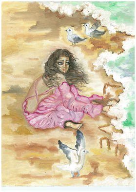 Sangeetha Bansal, 'Love Washing Away', 2015, original Painting Oil, 12 x 16  x 1 inches. Artwork description: 2703 Oil painting of a woman sitting by the ocean and watching her love fade away. She is missing her lover. ...