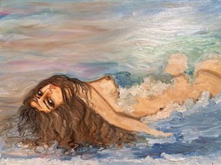 Sangeetha Bansal, 'Ocean Fun', 2016, original Painting Oil, 16 x 12  x 1 inches. Artwork description: 2307 Oil painting of a woman having fun in the ocean. She is lying down with waves washing over her. She enjoys the water and playing in it. ...