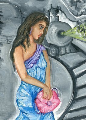 Sangeetha Bansal, 'When I Am Gone', 2015, original Painting Oil, 12 x 16  x 1 inches. Artwork description: 2703 Oil painting of a girl that is sad and leaving for some place. She has her bag and is waiting for the train to arrive. ...
