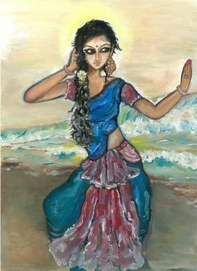 Sangeetha Bansal, 'Woman Dancing By The Sea', 2013, original Painting Oil, 12 x 16  inches. Artwork description: 3099 Oil painting of a lady dancing by the sea in colorful clothes and waves crashing in the backgroundpainted on a canvas board...