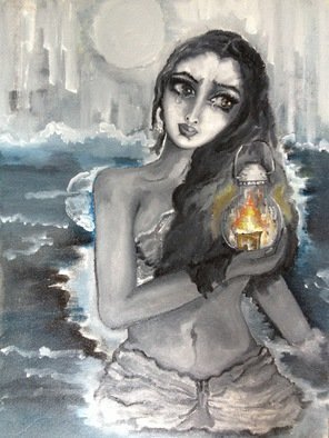 Sangeetha Bansal, 'Woman Drawing In Sea Of Sorrow', 2013, original Painting Oil, 12 x 16  inches. Artwork description: 3099 Oil painting of a crying woman standing in a sea of her sorrow and holding a lantern. The painting is made in black and white hues with the flame of the lantern and its reflection in her eyes in color. The painting is made on a canvas ...