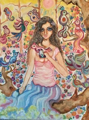 Sangeetha Bansal, Serenity, 2014, Original Painting Oil, size_width{Woman_sitting_with_colorful_birds-1391965482.jpg} X 14 inches