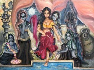 Sangeetha Bansal, 'Bath', 2016, original Painting Oil, 18 x 24  x 2 inches. Artwork description: 1911  Original oil painting of an apsara celestial dancer, about to take a bath. Her handmaidens are helping her prepare for it. Its a very regal piece of art with shades of black and white and color. Its set against the backdrop of a starry night.apsara, bath, ...